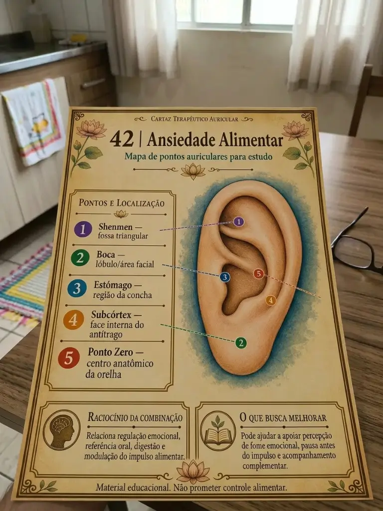 Material de auriculoterapia sobre ansiedad alimentaria en mesa de estudio